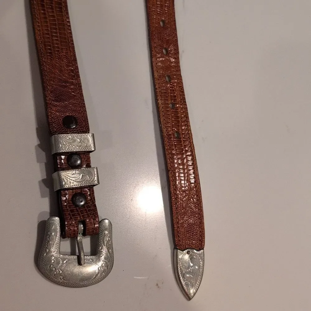 Justin Genuine Lizard Brown Belt With Hand Engraved Silver Buckle & Tip Size 28